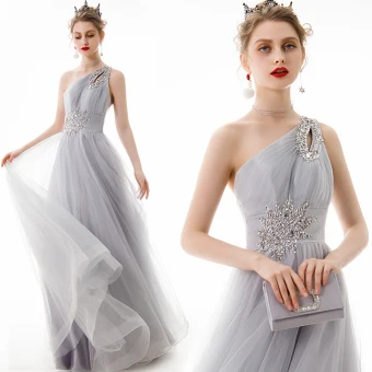 Chic Beautiful Grey Evening Dresses 2020 A Line Princess One Shoulder Beading Sequins Sleeveless Backless Floor Length Long Formal Dresses