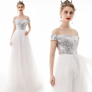 Moderne Mode Ivoire Robe De Soirée 2019 Princesse De L 039 Épaule Paillettes Manches Courtes Dos Nu Longue Robe De Ceremonie