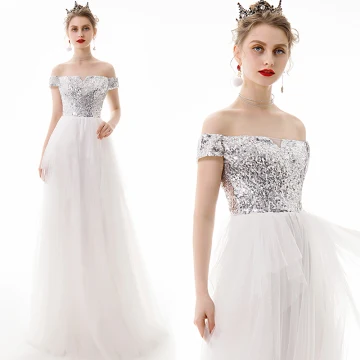 Moderne Mode Ivoire Robe De Soirée 2019 Princesse De L 039 Épaule Paillettes Manches Courtes Dos Nu Longue Robe De Ceremonie