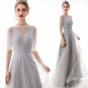 Chic Beautiful Grey Evening Dresses 2019 A Line Princess Scoop Neck Sequins 1 2 Sleeves Backless Floor Length Long Formal Dresses