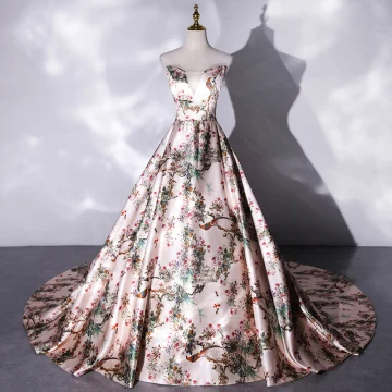 Fantaisie Multi Couleurs Impression Satin Robe De Bal 2021 Princesse Bustier Sans Manches Dos Nu Cathedral Train Robe De Ceremonie