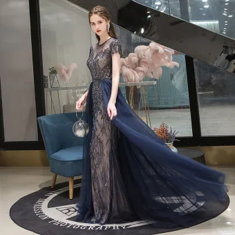 Chic Beautiful Navy Blue Evening Dresses 2020 A Line Princess Scoop Neck Crystal Short Sleeve Backless Floor Length Long Formal Dresses