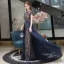 Chic / Beautiful Navy Blue Evening Dresses  2020 A-Line / Princess Scoop Neck Crystal Short Sleeve Backless Floor-Length / Long Formal Dresses