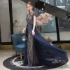 Chic / Beautiful Navy Blue Evening Dresses  2020 A-Line / Princess Scoop Neck Crystal Short Sleeve Backless Floor-Length / Long Formal Dresses