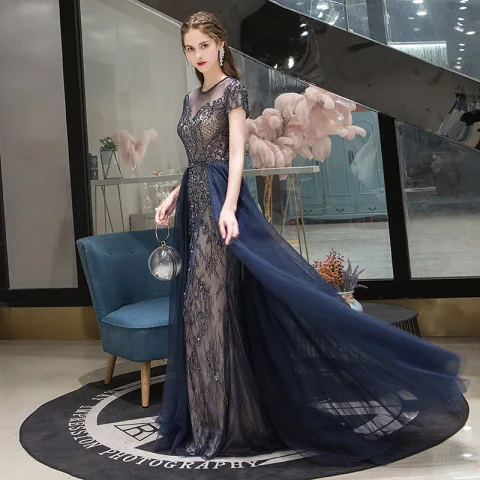 Hermoso Marino Oscuro Vestidos de noche 2020 A-Line / Princess Scoop Escote Crystal Manga Corta Sin Espalda Largos Vestidos Formales