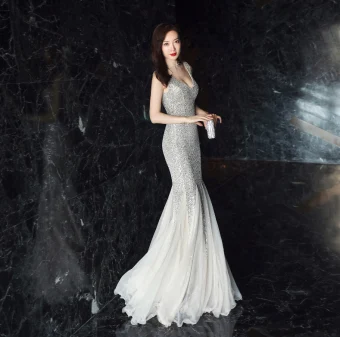 Moderne Mode Argenté Robe De Soirée 2019 Trompette Sirène V Cou Paillettes Ceinture Sans Manches Dos Nu Longue Robe De Ceremonie