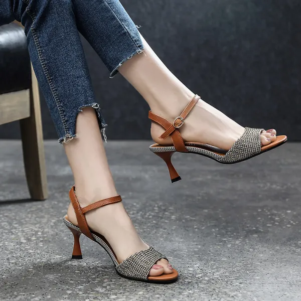 Vintage / Retro Casual Brown Womens Sandals 2019 Leather Ankle Strap 6 cm Stiletto Heels Open / Peep Toe Sandals