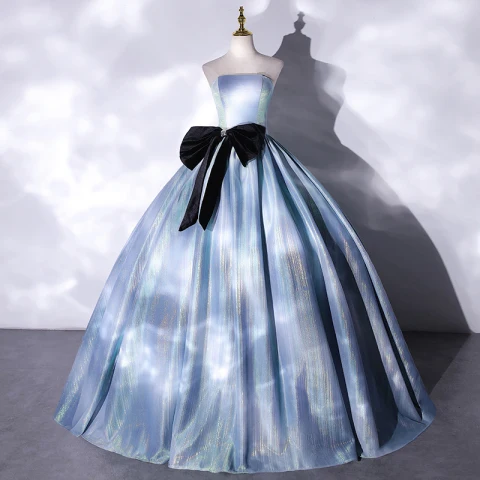 Illusion Sky Blue Prom Dresses 2021 Ball Gown Strapless Bow Sleeveless Backless Floor-Length / Long Formal Dresses