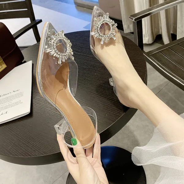 Affordable Silver Casual Womens Sandals 2019 Crystal Rhinestone 8 cm Stiletto Heels Pointed Toe Sandals