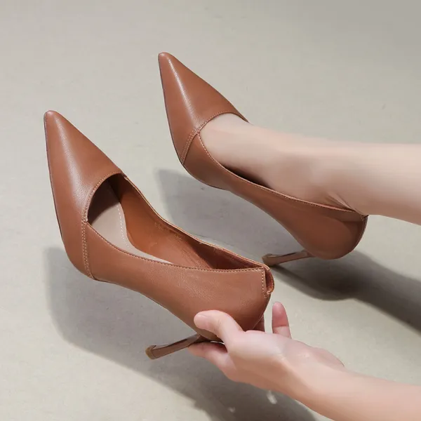 Modest / Simple Brown Office Pumps 2019 Leather 8 cm Stiletto Heels Pointed Toe Pumps