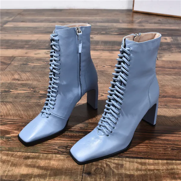 Hermoso Azul Cielo Casual Botas de mujer 2020 Cuero 8 cm Stilettos / Tacones De Aguja Dedo Del Pie Cuadrado Botas