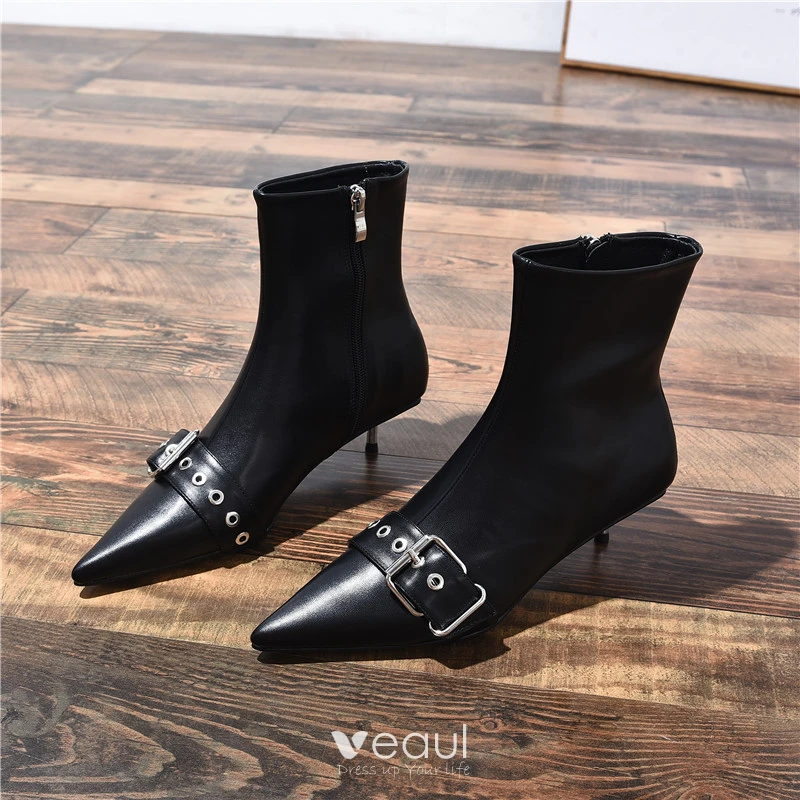 Modern / Fashion Black Casual Low Heel Womens Boots 2020 Leather Buckle 4  cm Stiletto Heels Pointed Toe Boots