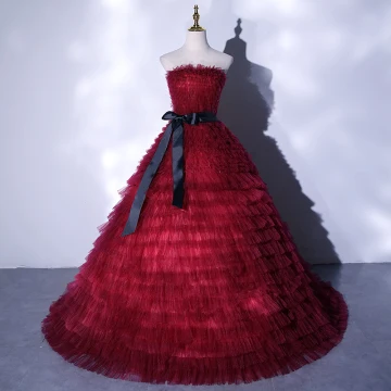 Mode Bordeaux Volants Robe De Bal 2021 Robe Boule Bustier Noeud Sans Manches Dos Nu Longue Robe De Ceremonie