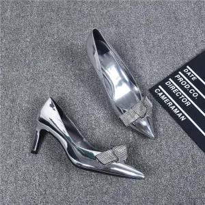 Moderne Mode Argenté Soirée Escarpins 2019 Cuir Faux Diamant Noeud 6 Cm Talons Aiguilles À Bout Pointu Escarpins