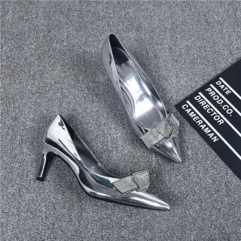 Moderne Mode Argenté Soirée Escarpins 2019 Cuir Faux Diamant Noeud 6 Cm Talons Aiguilles À Bout Pointu Escarpins