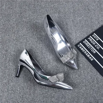 Modern Zilveren Avond Pumps 2019 Leer Rhinestone Strik 6 Cm Naaldhakken Stiletto Spitse Neus Pumps