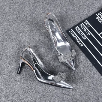 Modern Fashion Silver Evening Party Womens Shoes Leather 2019 Ankle Strap Rhinestone Bow 6 Cm Stiletto Heels Pointed Toe High Heels