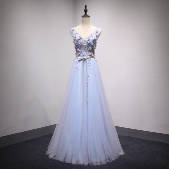 Chic Belle Bleu Ciel Robe De Bal 2018 Princesse En Dentelle Fleur Appliques Cristal V Cou Dos Nu Sans Manches Longue Robe De Ceremonie