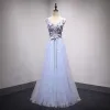 Chic / Beautiful Sky Blue Prom Dresses 2018 A-Line / Princess Lace Flower Appliques Crystal V-Neck Backless Sleeveless Floor-Length / Long Formal Dresses