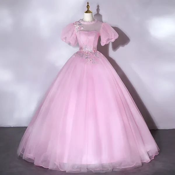Elegante Pink Ballkleider 2021 Rundhalsausschnitt Perle Strass Spitze Blumen Kurze Ärmel Rückenfreies Lange Festliche Kleider