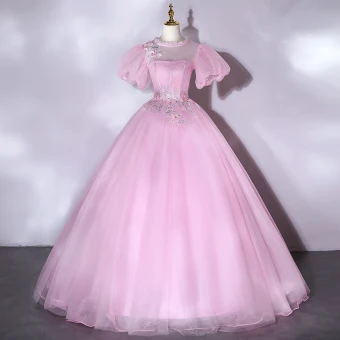 Élégant Rose Bonbon Robe De Bal 2021 Encolure Dégagée Perle Faux Diamant En Dentelle Fleur Manches Courtes Dos Nu Longue Robe De Ceremonie