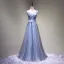 Chic / Beautiful Grey Prom Dresses 2018 A-Line / Princess Lace Flower Appliques Crystal V-Neck Backless Sleeveless Floor-Length / Long Formal Dresses