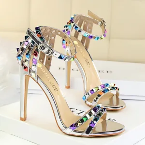 Charming Silver Evening Party Womens Sandals 2019 Rivet Ankle Strap 11 Cm Stiletto Heels Open Peep Toe High Heels