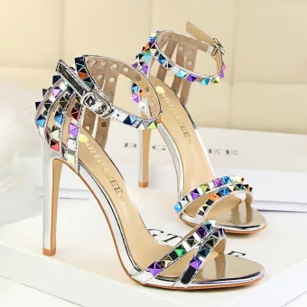 Charming Silver Evening Party Womens Sandals 2019 Rivet Ankle Strap 11 Cm Stiletto Heels Open Peep Toe High Heels