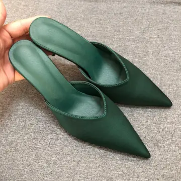 Eenvoudige Donkergroen Toevallig Sandalen Dames 2019 Leer 7 Cm Naaldhakken Stiletto Spitse Neus Sandalen