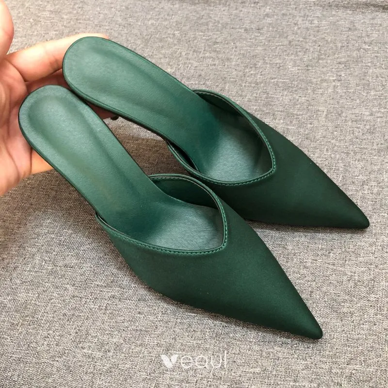 Modest / Simple Dark Green Casual Womens Sandals 2019 Leather 7 cm Stiletto Heels Pointed Toe Sandals