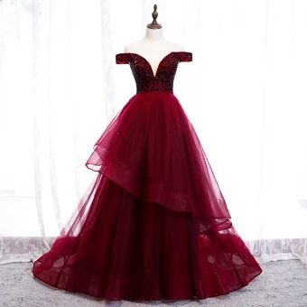 Chic Belle Bordeaux Robe De Soirée 2019 Princesse De L 039 Épaule Perlage Cristal Sans Manches Dos Nu Tribunal Train Robe De Ceremonie