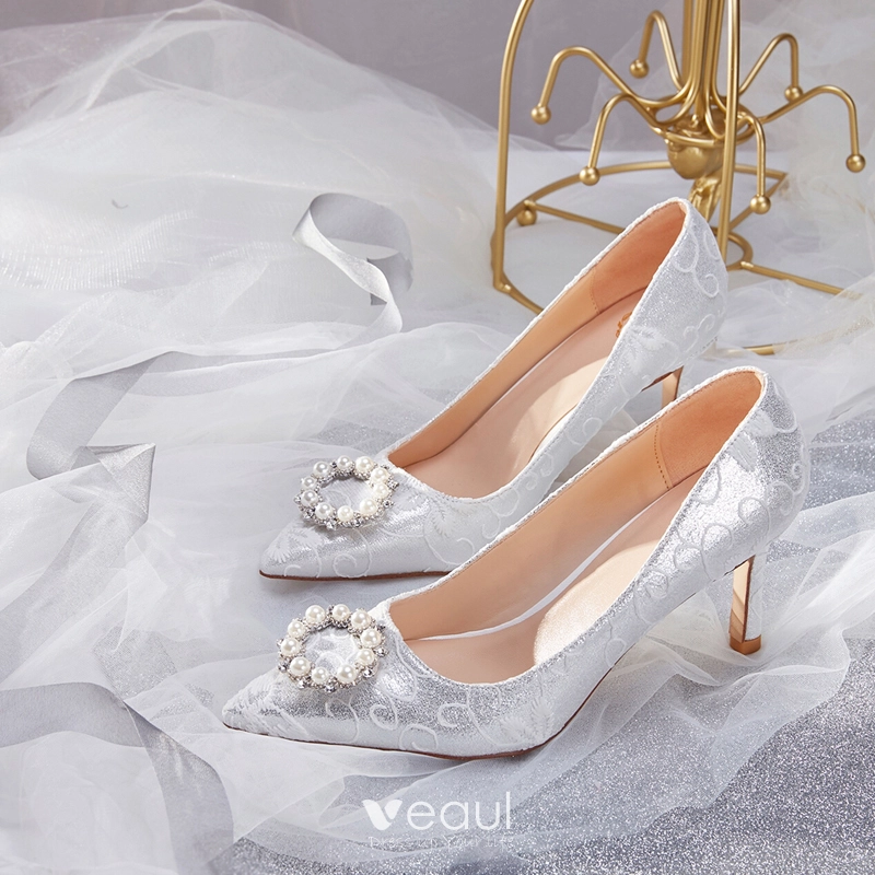 Charming Silver Wedding Shoes 2019 Lace Pearl Rhinestone 7 cm Stiletto  Heels Pointed Toe Wedding Pumps