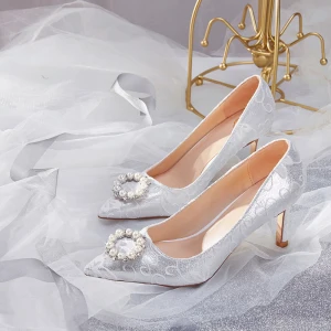 Uroczy Srebrny Buty Ślubne 2019 Z Koronki Perła Rhinestone 7 Cm Szpilki Szpiczaste Ślub Czółenka
