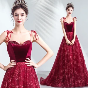 Charming Red Evening Dresses 2020 A Line Princess Spaghetti Straps Suede Beading Crystal Sequins Sleeveless Backless Court Train Formal Dresses