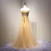 Chic / Beautiful Gold Prom Dresses 2018 A-Line / Princess Beading Crystal Sequins Sash Sweetheart Backless Sleeveless Floor-Length / Long Formal Dresses