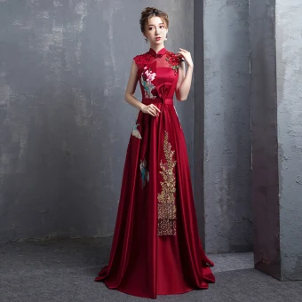 Style Chinois Bordeaux Brodé Satin Robe De Soirée 2021 Princesse Col Haut Perle Faux Diamant Noeud Manches Courtes Dos Nu Longue Robe De Ceremonie