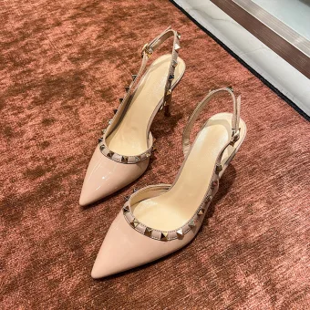 Fashion Beige Evening Party Rivet Slingbacks Womens Sandals 2021 8 Cm Stiletto Heels Pointed Toe Sandals High Heels
