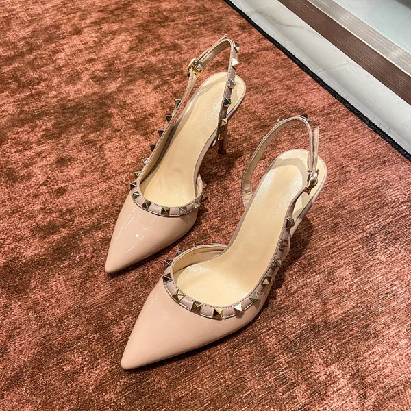 Moda Beżowe Wieczorowe Nit Slingback Sandały Damskie 2021 8 cm Szpilki Szpiczaste Sandały Wysokie Obcasy