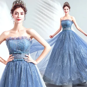 Charming Ocean Blue Evening Dresses 2020 A Line Princess Strapless Beading Sequins Bow Sleeveless Backless Floor Length Long Formal Dresses