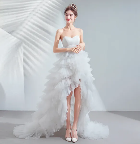Sexy High Low Ivory Asymmetrical Wedding Dresses 2020 A-Line / Princess Strapless Sleeveless Backless Cascading Ruffles