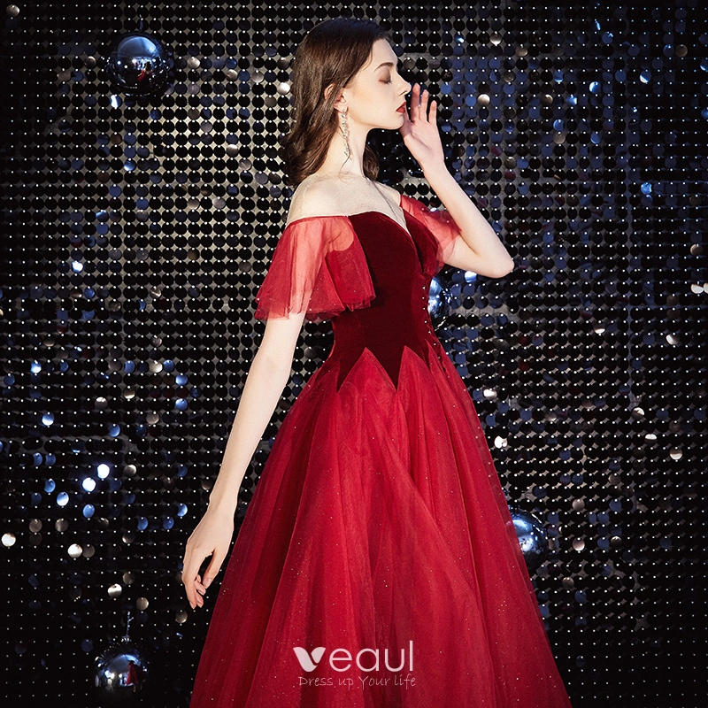 Charming Red Short Prom Dresses 2020 A Line Princess Deep V Neck Sequins Suede Short Sleeve Tea length Formal Dresses