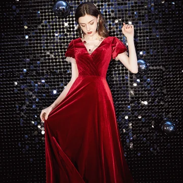 Élégant Rouge Robe De Soirée 2020 Princesse Daim Col Haut Manches Courtes Longue Robe De Ceremonie