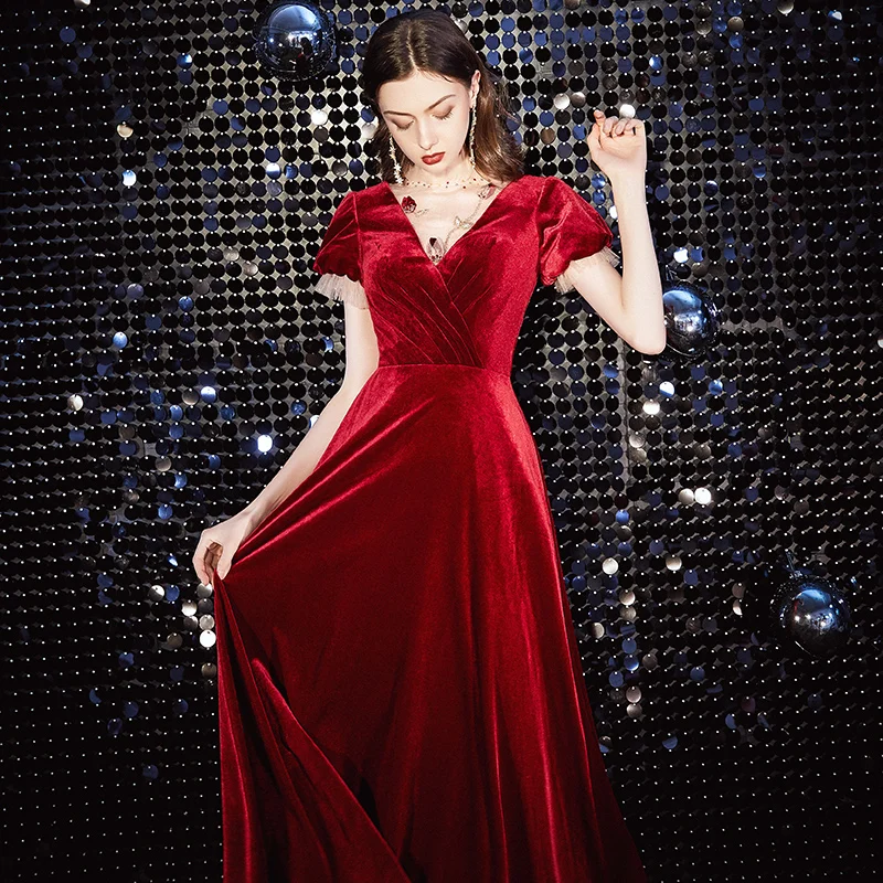 navy blue dress for baby girl Elegant Red Evening Dresses 2020 A Line Princess Suede High Neck Short  Sleeve Floor Length Long Formal Dresses
