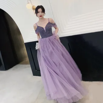 Charming Lilac Evening Dresses 2020 A Line Princess Spaghetti Straps Beading Crystal Tassel Sleeveless Backless Floor Length Long Formal Dresses