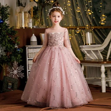 Chic Belle Rougissant Rose La Mariée Courte Robe Ceremonie Fille 2021 Robe Boule Encolure Dégagée Perlage Cristal Paillettes En Dentelle Fleur Manches Courtes Robe Pour Mariage