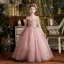 Chic / Beautiful Blushing Pink Bridal Short Flower Girl Dresses 2021 Ball Gown Scoop Neck Beading Crystal Sequins Lace Flower Short Sleeve Wedding Party Dresses