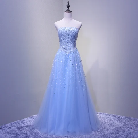 Fine Stjernehimmelen Himmelen Blå Ballkjoler 2018 Prinsesse Beading Paljetter Strapless Ryggløse Uten Ermer Lange Formelle Kjoler