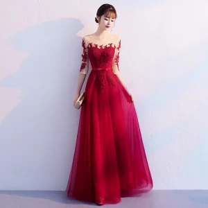 Élégant Bordeaux Robe De Soirée 2019 Princesse Encolure Dégagée Noeud En Dentelle Fleur 1 2 Manches Dos Nu Longue Robe De Ceremonie
