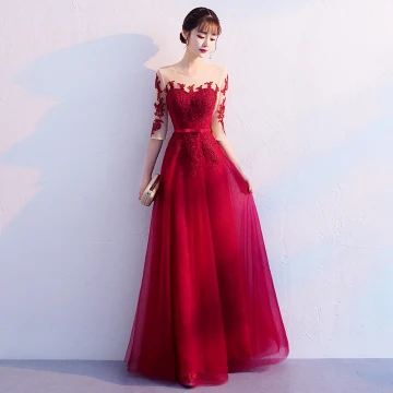 Elegant Burgundy Evening Dresses 2019 A Line Princess Scoop Neck Bow Lace Flower 1 2 Sleeves Backless Floor Length Long Formal Dresses
