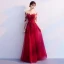 Elegant Burgundy Evening Dresses  2019 A-Line / Princess Scoop Neck Bow Lace Flower 1/2 Sleeves Backless Floor-Length / Long Formal Dresses